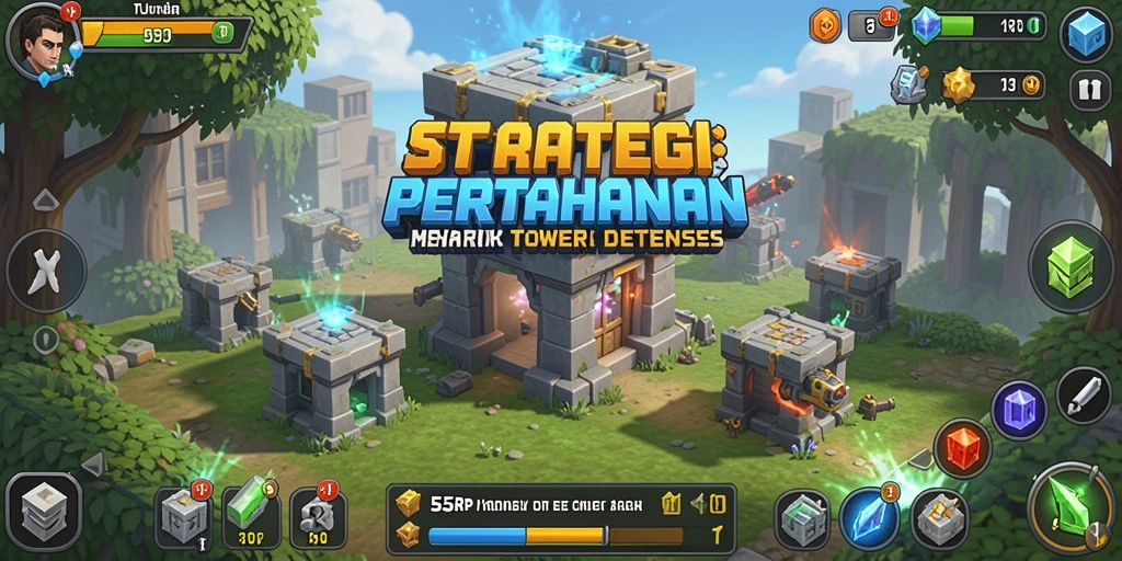 Screenshot gameplay 55RP menunjukkan aksi seru Tower Defense.