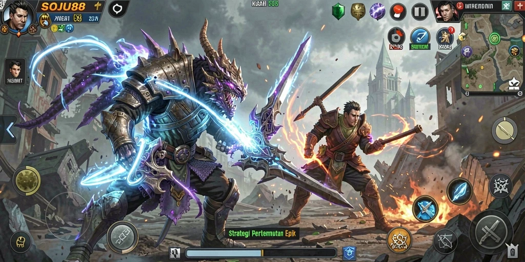 Gameplay SOJU88 menunjukkan pertempuran strategis yang mendebarkan.